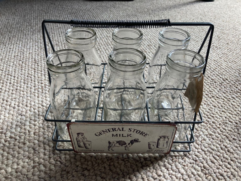 Vintage Style 6 Milk Bottles with Metal Holder. Home Decor / Wedding Decorations