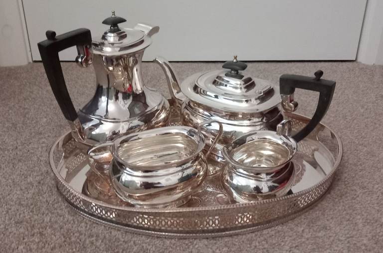 Silver-plated Tray & Teapot, Coffee Pot, Milk Jug & Sugar Bowl. 
