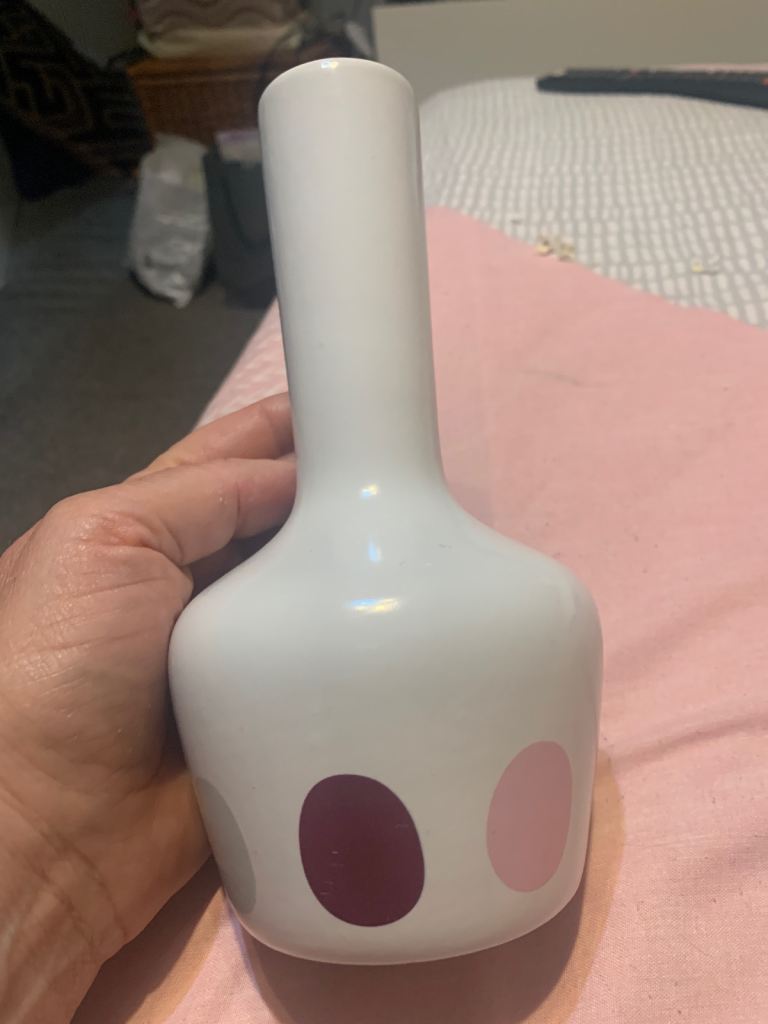 IKEA SMALL WHITE VASE WITH COLOURED CIRCLE PRINT