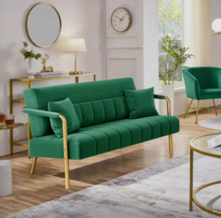 New Modern 2 Seater Velvet Sofa Couch Lounge with 2 Cushions Stylish Living Room Furniture Green