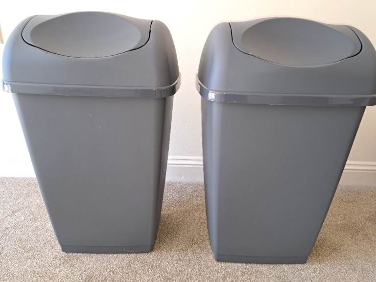Two Grey Plastic Swing Top Bins – Good Condition