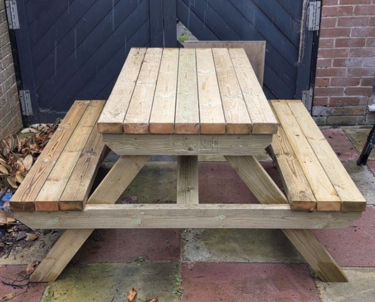 Brand new wooden picnic benches