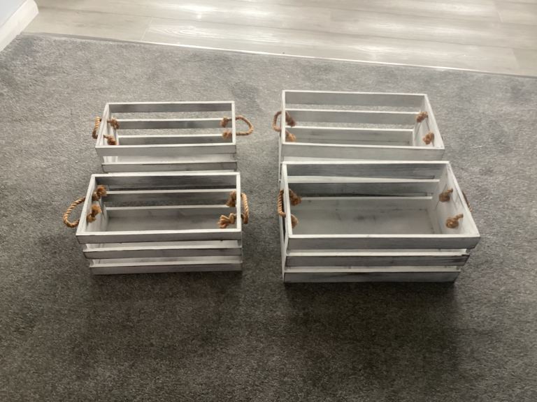 Set of 4 Grey Washed Wooden Storage Crates with Rope Handles