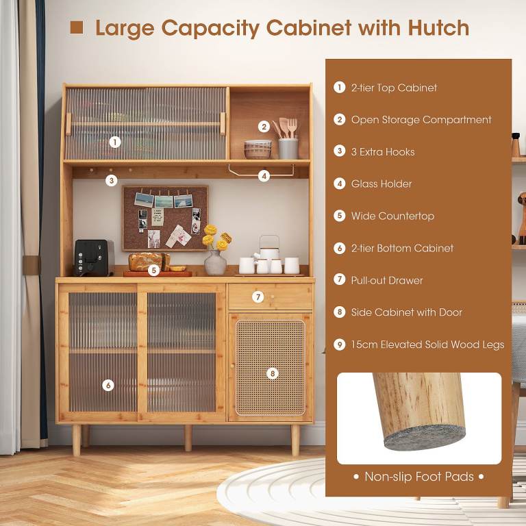 Costway Kitchen Buffet Cabinet Bamboo Freestanding Pantry Cupboard w/ 2 ...