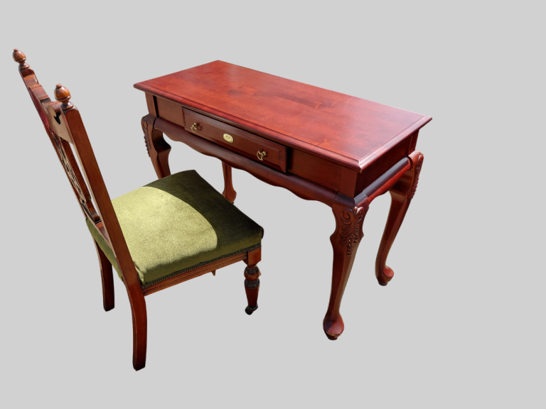 Vintage Mahogany Writing Desk & Matching Green Velvet Chair Set (Delivery Available) OT01