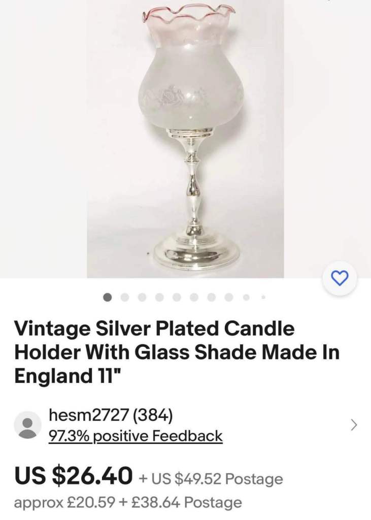 Vintage Silver Plated Candle Holder With Glass Shade Made In England 11"