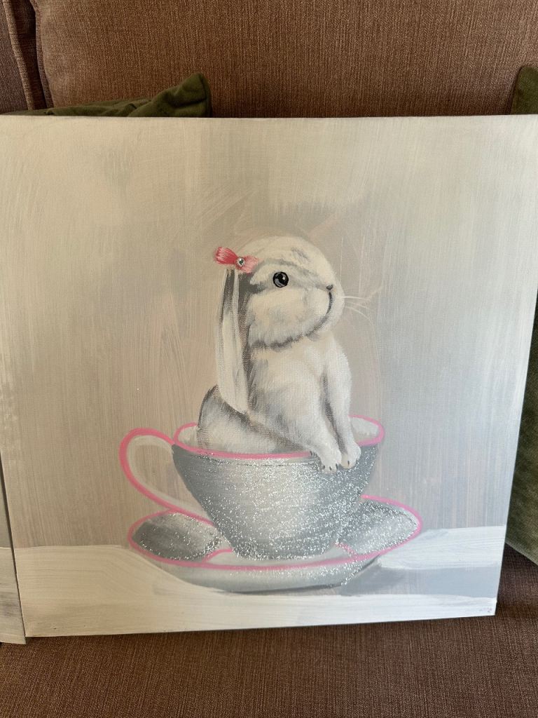 2 Cute Bunny in Teacup Paintings – Lovely  Wall Decor
