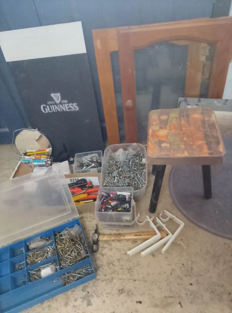 house clearance joblot Guinness sign tools various shabby chic stool £10.