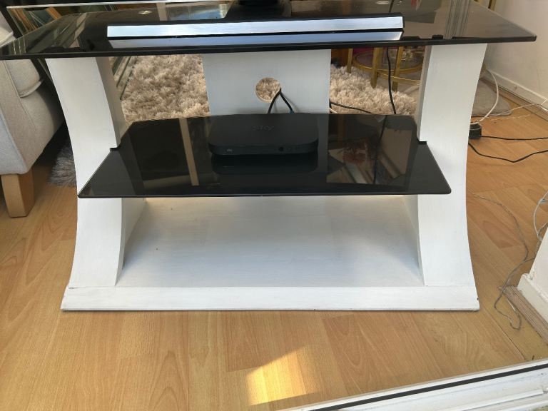 Black and White TV Stand with Glass Shelves