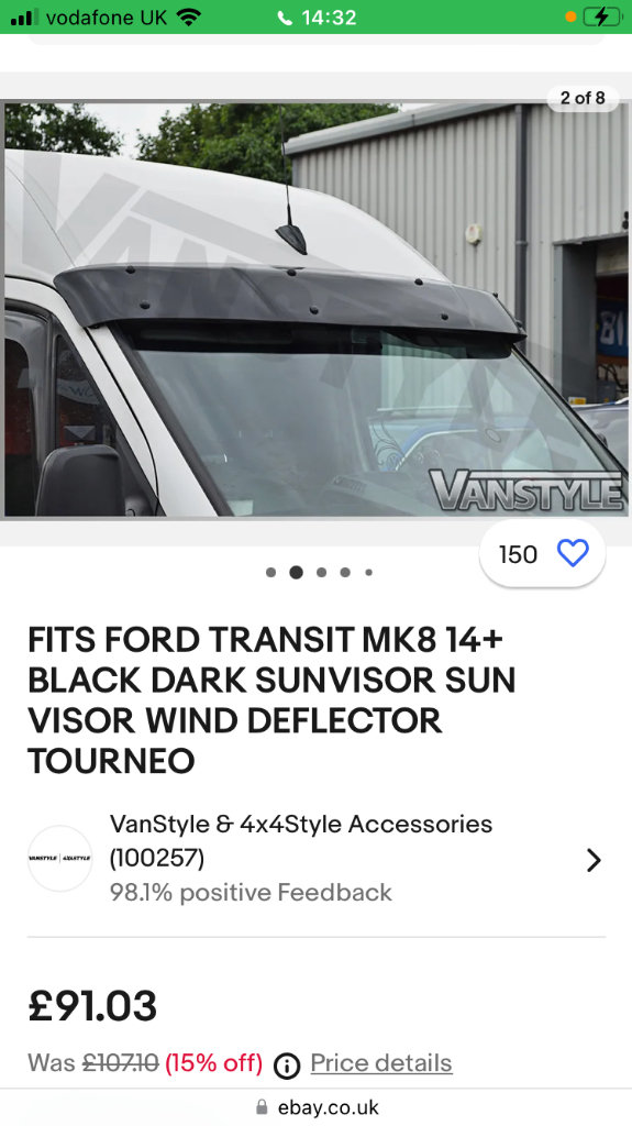 Ford Transit mk8 14+ Black Dark Sun Visor Wind Deflector.