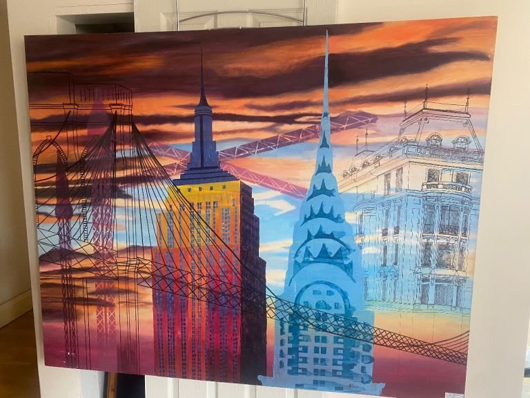 Large New York Cityscape Painting on Canvas – Good Condition