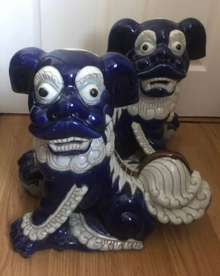 Large Vintage Chinese Foo Dog Statues – Blue & White Ceramic
