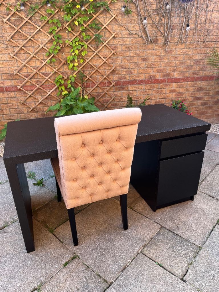 Black Wooden Desk with Drawers and Cupboard with chair