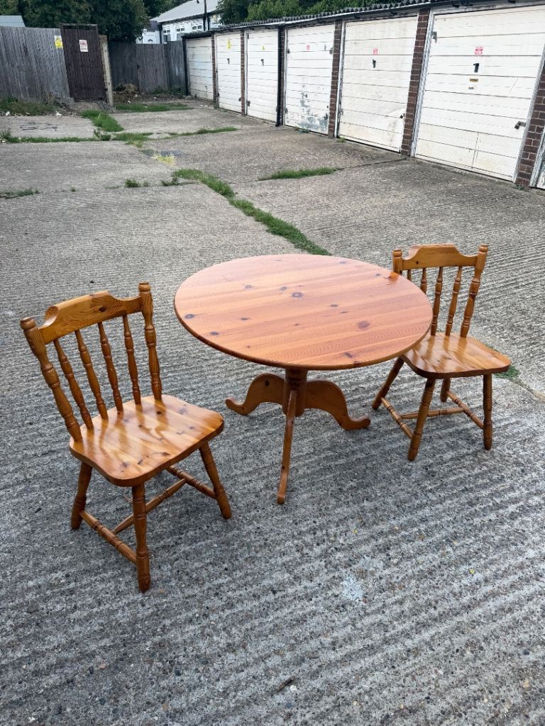 Vintage Round Wooden Dining Table & 2 Chairs