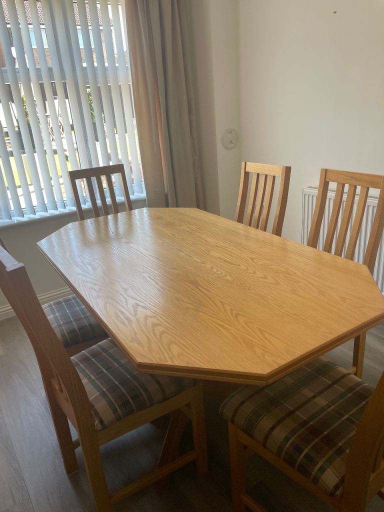 Oak Dining Table with 6 Chairs & Sideboard - Octagonal Wood Set