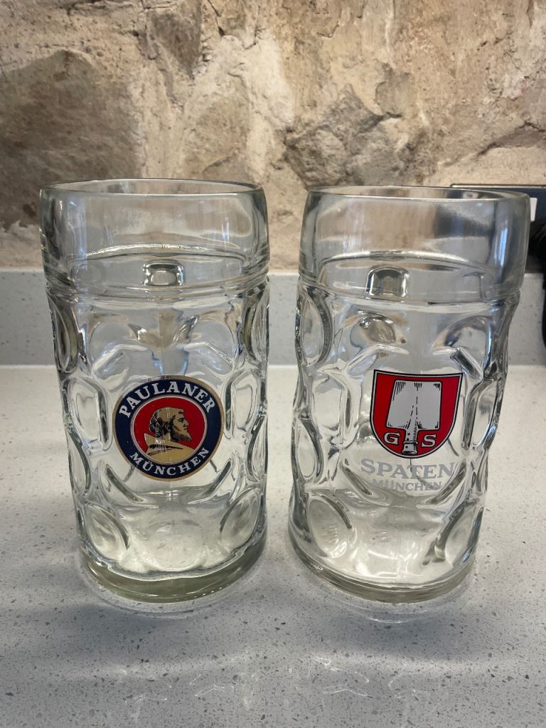 Pair of Paulaner and Spaten Large German Beer Steins - Good Condition