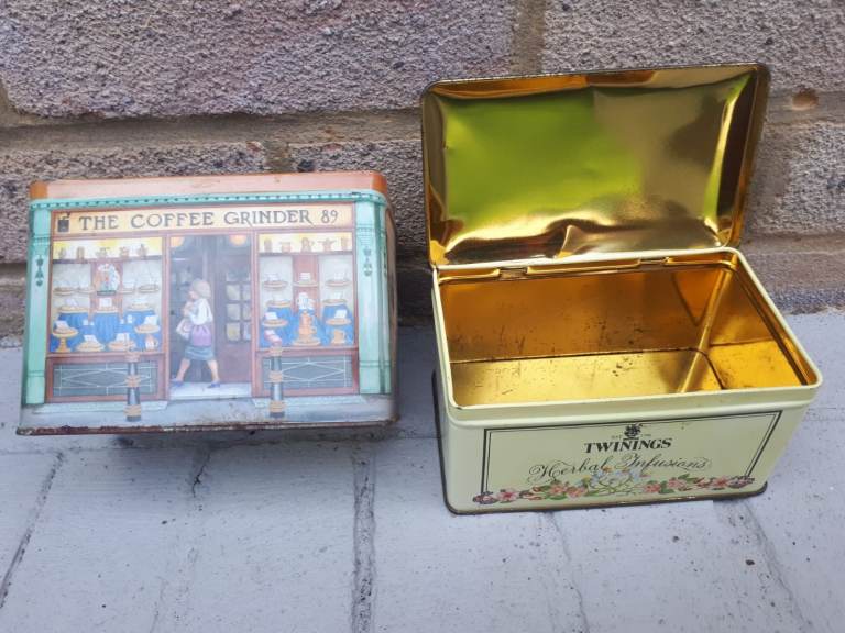 2 x Vintage beautiful tea coffee metal tins trinkets storage collectable boxes 