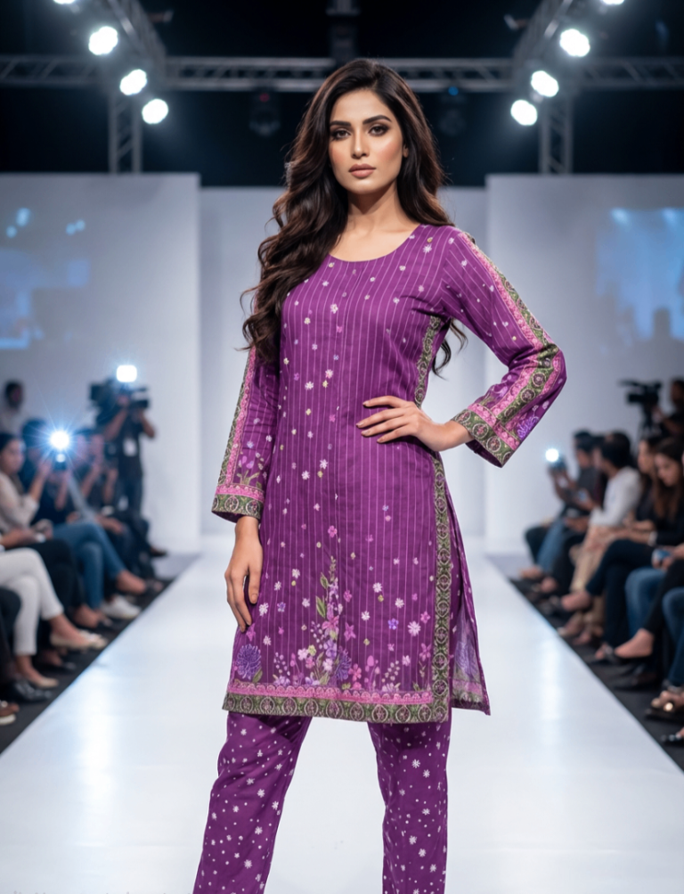 Stunning Purple Floral Premium Linen Pakistani Salwar Kameez Suit - Ready to Wear. Last Suit Size M!