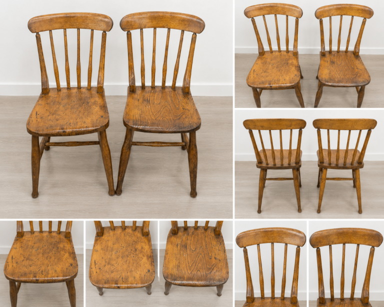 Pair of Vintage Solid Elm & Beech Farmhouse Kitchen Chairs – Windsor Style