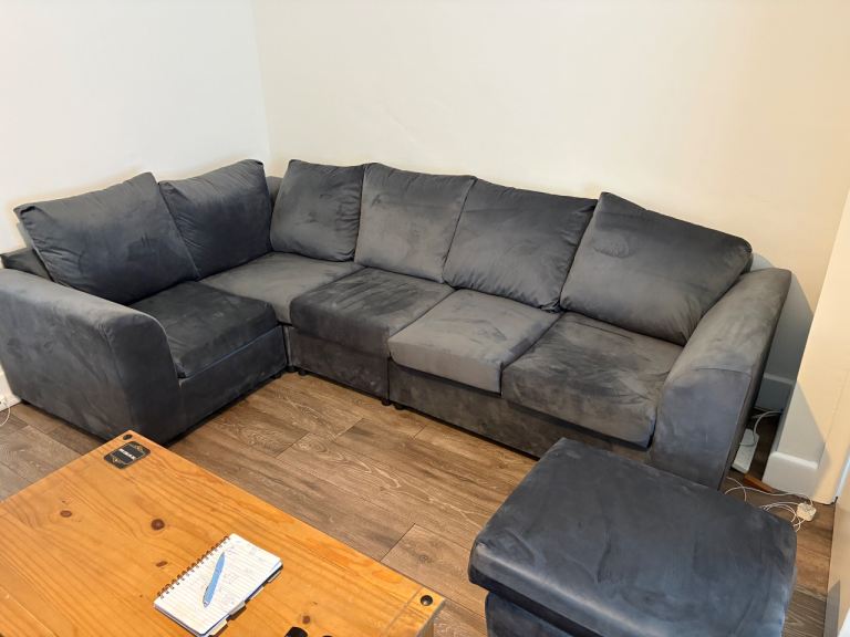 Large Grey Corner Sofa with Footstool – Good Condition