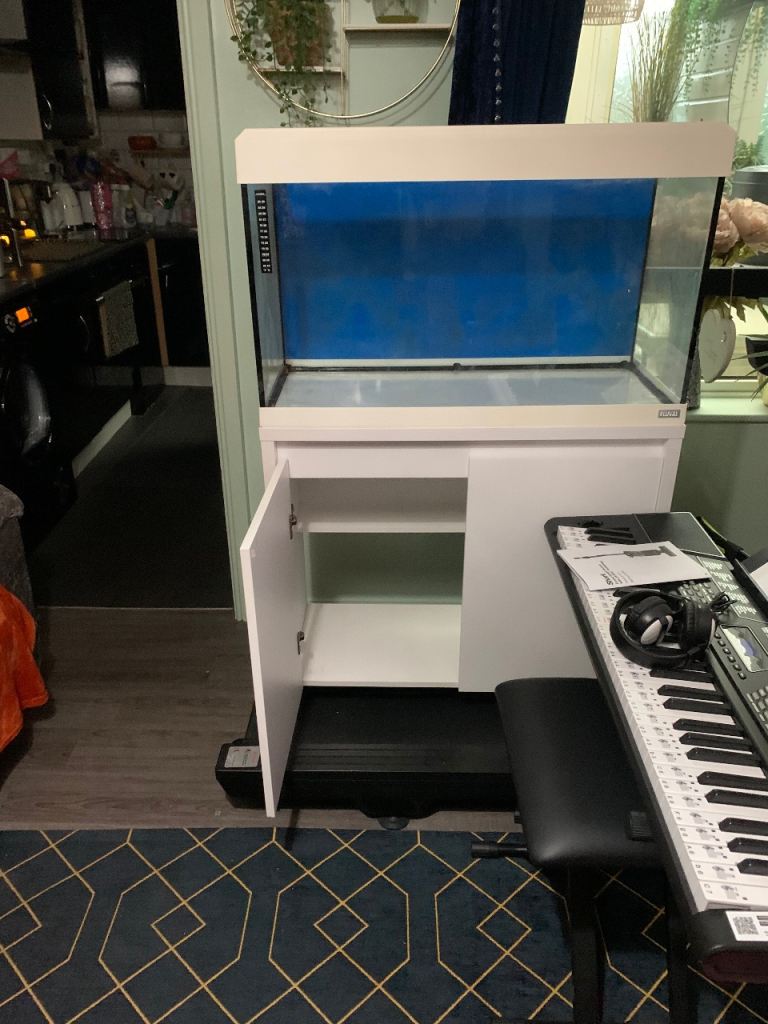 White Aquarium Tank with Matching Storage Cabinet – Good Condition for Sale