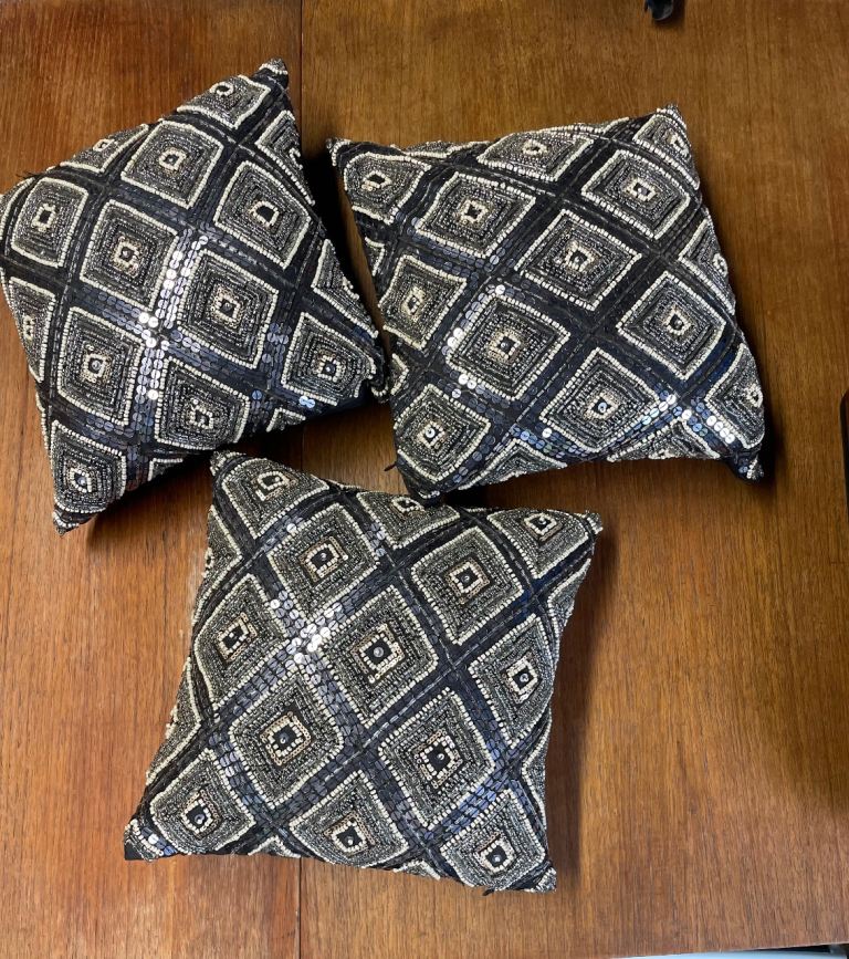 Set of 3 small Decorative Sequin Cushions - Black and Silver