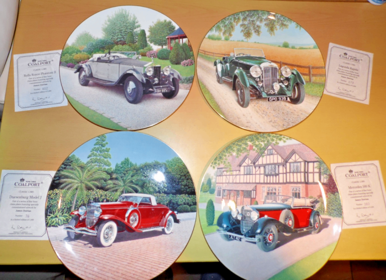 VERY RARE SET OF 4 BONE CHINA COALPORT MOTORING DISPLAY PLATES with CERTIFICATES