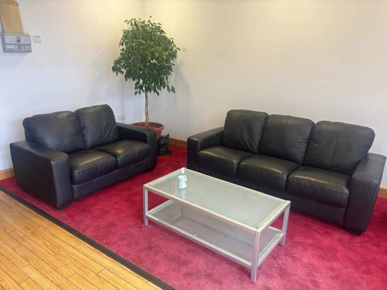 Black Leather 2-Seater and 3-Seater Sofas with Glass Coffee Table