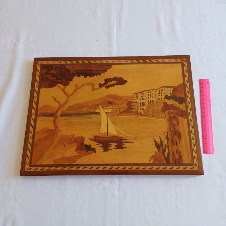 Vintage Italian Wood Marquetry Lacquered Picture Sorrento Coastal Scene