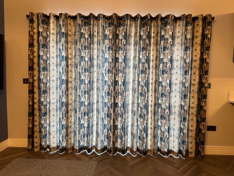 Bespoke John Lewis blue/brown curtains, pole and blind set