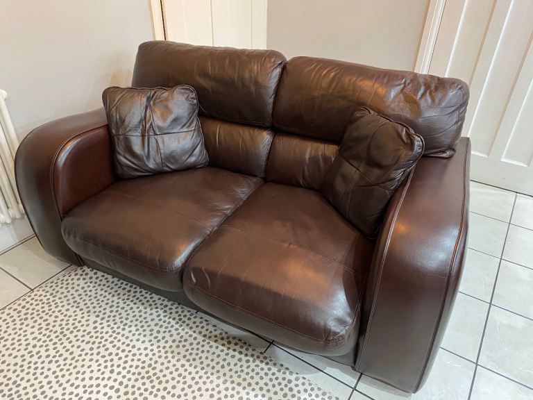 2 x Leather 2-Seater Sofas, 4 Cushions and Footstool