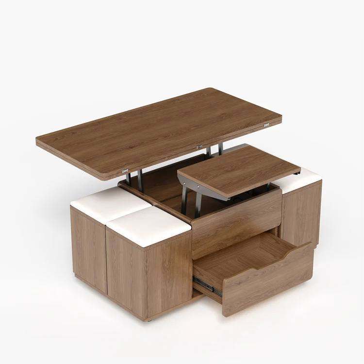 Walnut Lift-Top Coffee Table with Storage & Stools on Wheels