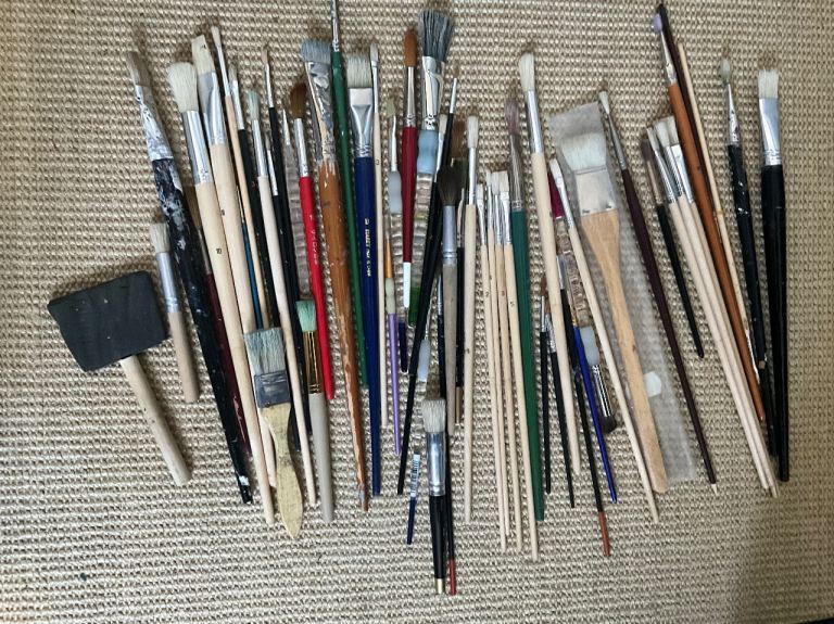 Artists brushes, 54 in total.  Various sizes and types.