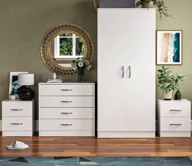 New White Bedroom Furniture Set – Wardrobe, Chest of Drawers, Bedside Tables Cash on delivery 