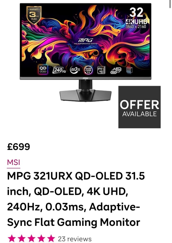 MSI MPG 321URX QD-OLED 31.5 inch 4K UHD 240Hz Gaming Monitor