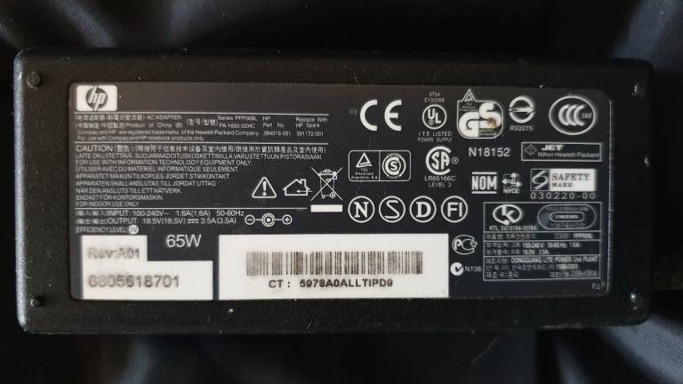 Genuine HP Laptop Charger 65W - 18.5V - Large Black Connector
