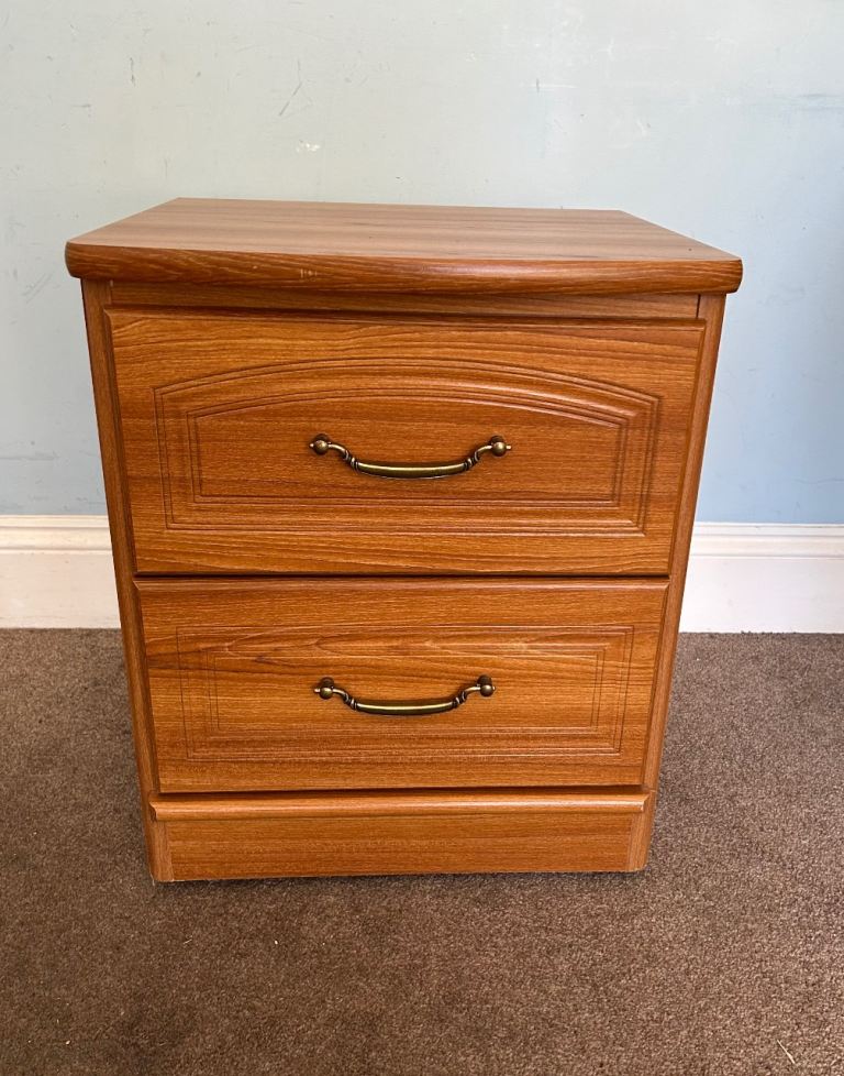 1 Wooden Bedside 2 Drawers Brass Handles Curved Edge Alstons H22.5in/57cm W18.5in/47cmD17in/43cmJ182
