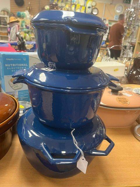 Nacco Set of 3 Vintage Blue Enamel Cast Iron Pots with Lids – Good Used Condition