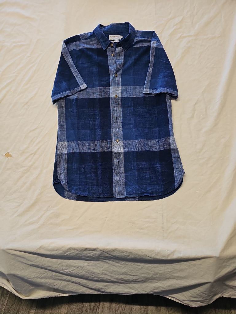 Tu Premium Blue Indigo Tonal Check Short Sleeve Pure Cotton Shirt   L A7 1275