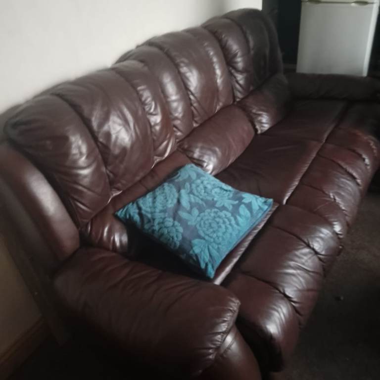 Free Brown Leather Sofas, fabric sofa and arm chairs,single bed and mattress Good Condition