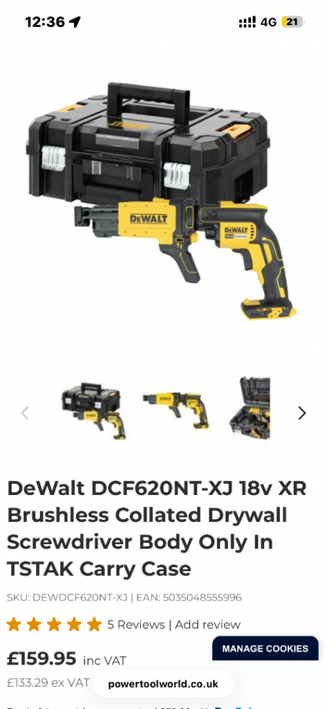 DeWalt DCF620NT-XJ 18v XR Brushless Collated Drywall Screwdriver Body Only In TSTAK Carry Case