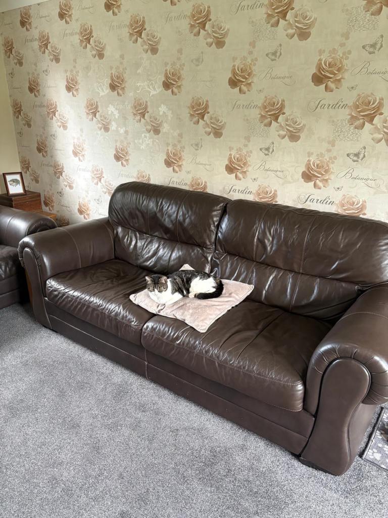 Brown Leather Sofa Set – Good Condition *FREE* collection only