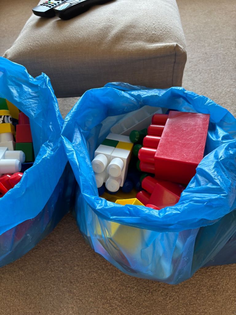 2 Large Bags of Colourful Building Blocks – Good Condition