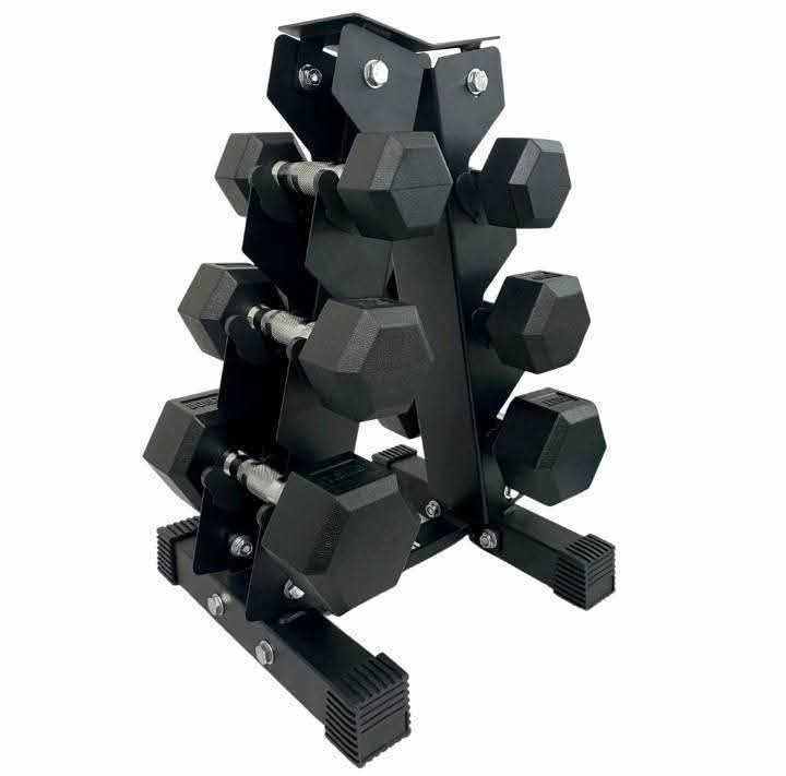 3 Tier Pyramid Dumbbell storage racks with 3 pairs of Hex Dumbbells. 5kg, 7.5kg, 10kg 