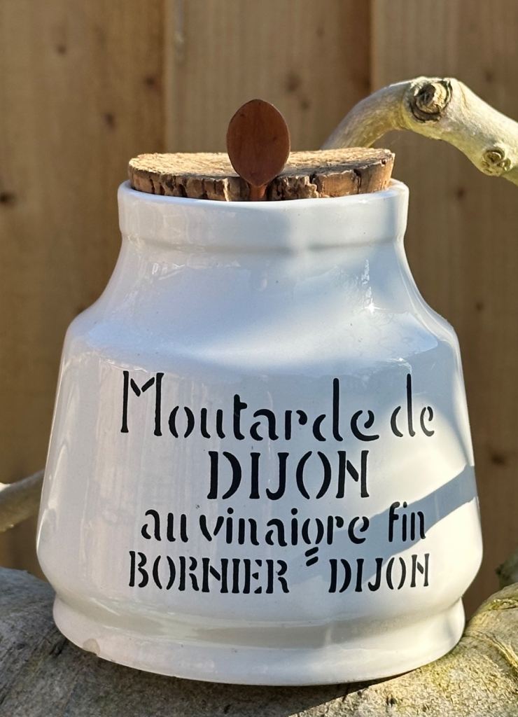 VINTAGE FRENCH MUSTARD POT, MOUTARDE DE DIJON BORNIER JAR & SPOON, H11 Diam11cm - WILL POST!