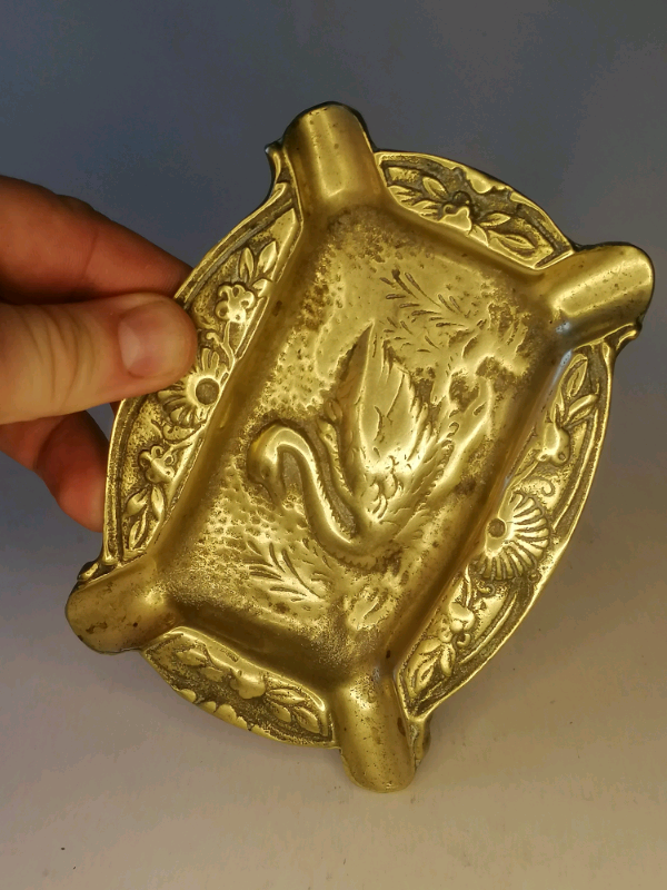 Vintage Brass Ashtray, Engraved Swan Ashtray.