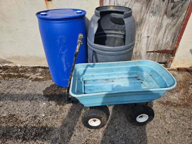 Garden Trailer and Water Barrels