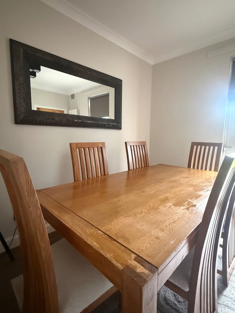 Solid Wooden Dining Table & 6 Bouclé Upholstered Chairs