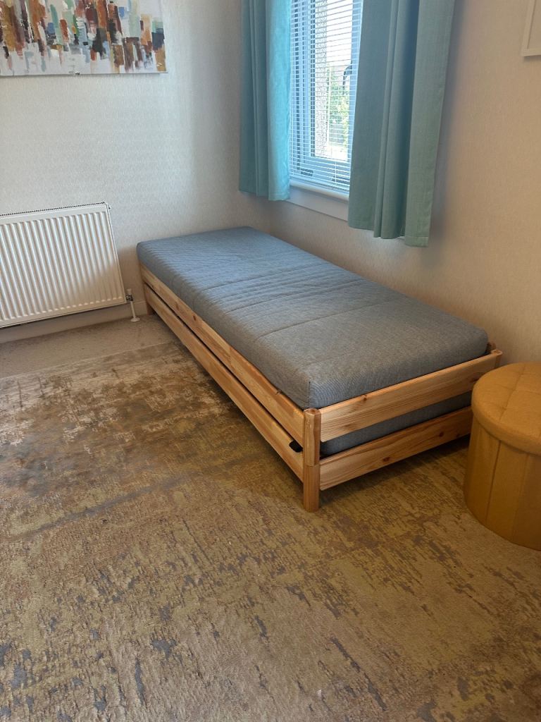 Pair of Wooden Single Beds with Mattresses – Good Condition