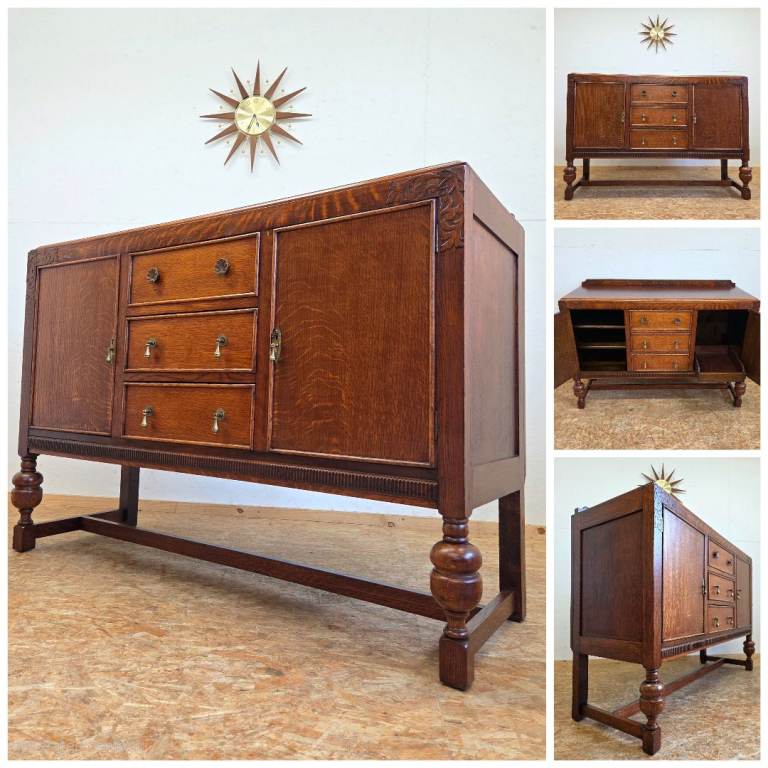 Vintage Edwardian Tiger Oak Sideboard/Cabinet - Carved Detail & Turned Legs